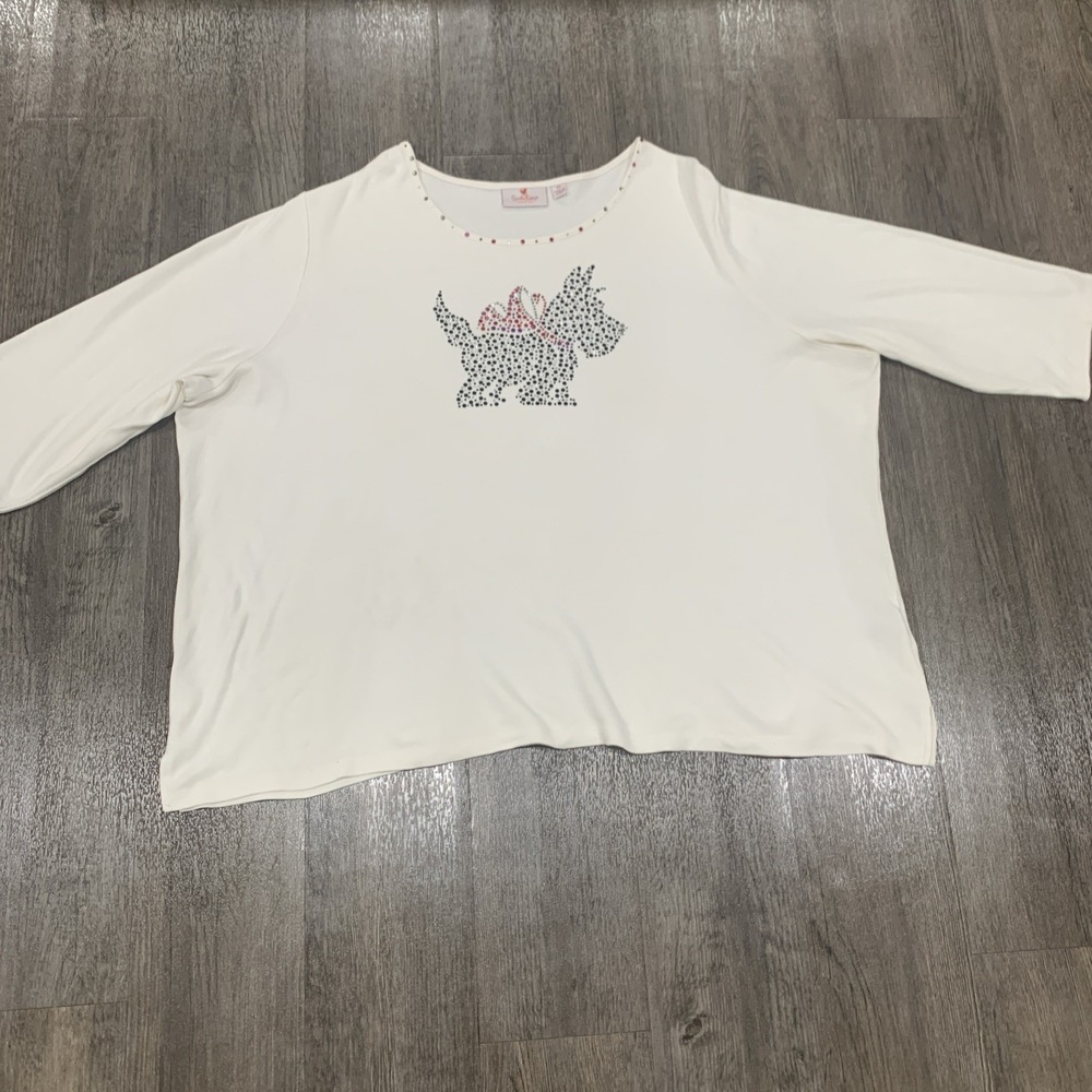 Quacker Factory Cream Rhinestone Scottie Dog Top 2X Plus Size 3/4 Sleeve Cotton